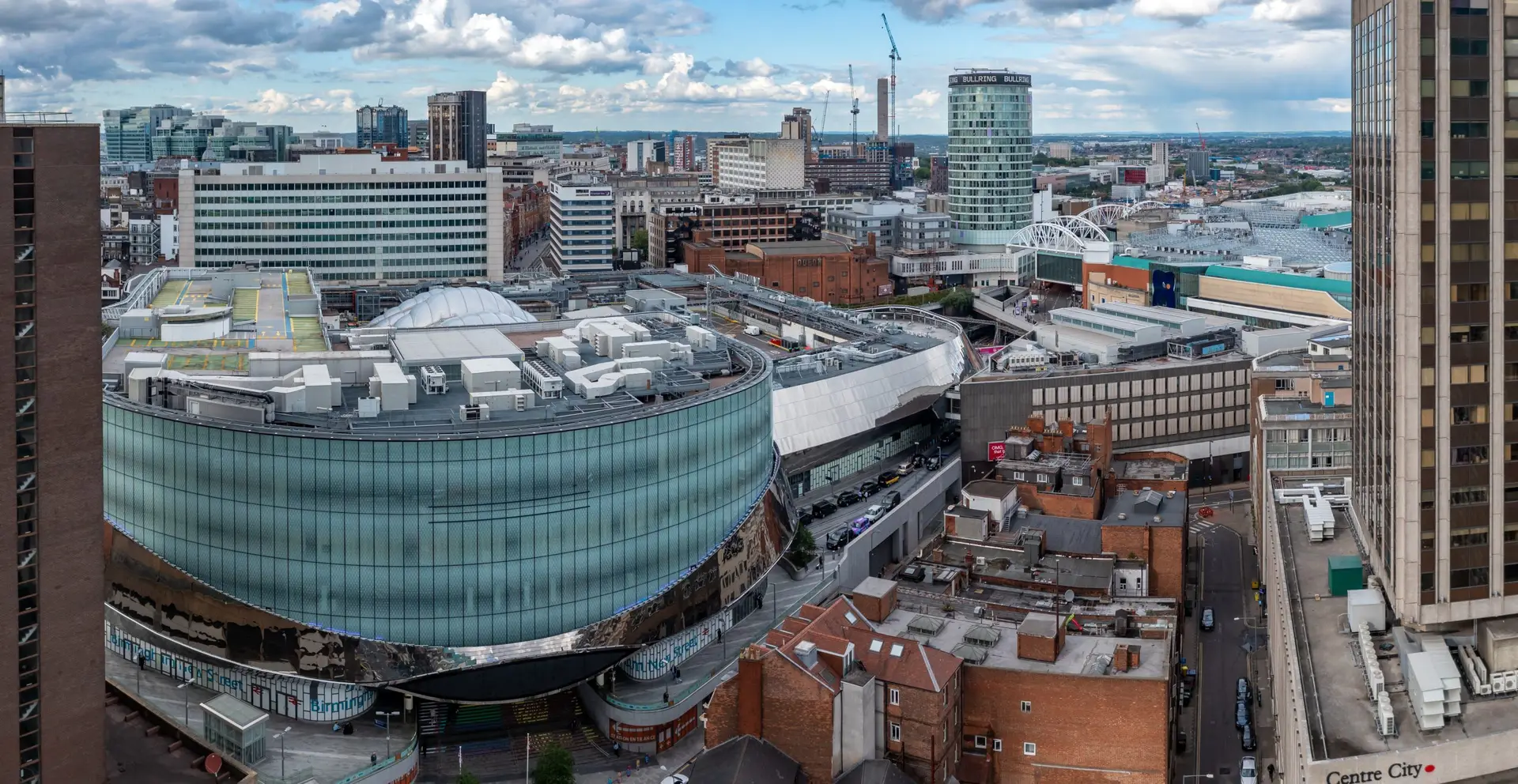 BIRMINGHAM, UK - MAY 24, 2022.  An aerial view of Birmingham New Street Train Station and The Bullring shopping Mall